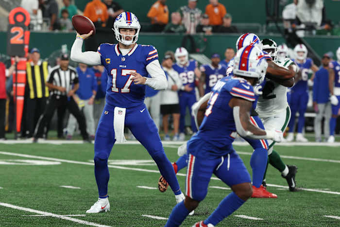 Bills quarterback Josh Allen attempts a pass against the Jets in Week 1.